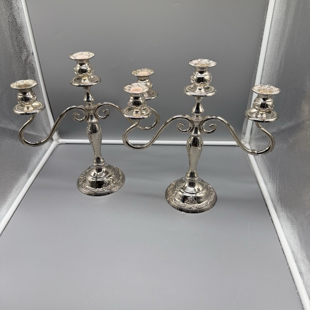 Vintage GSA Godinger Silver Art Co 3 Arms Ornate Candelabra Set Of 2 Silverplate